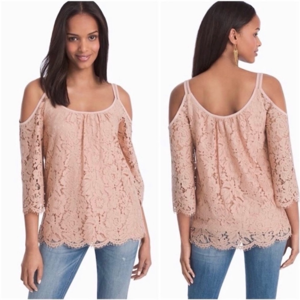 WHITE HOUSE BLACK MARKET Blush Pink Lace Cold Shoulder Top | Size XXS